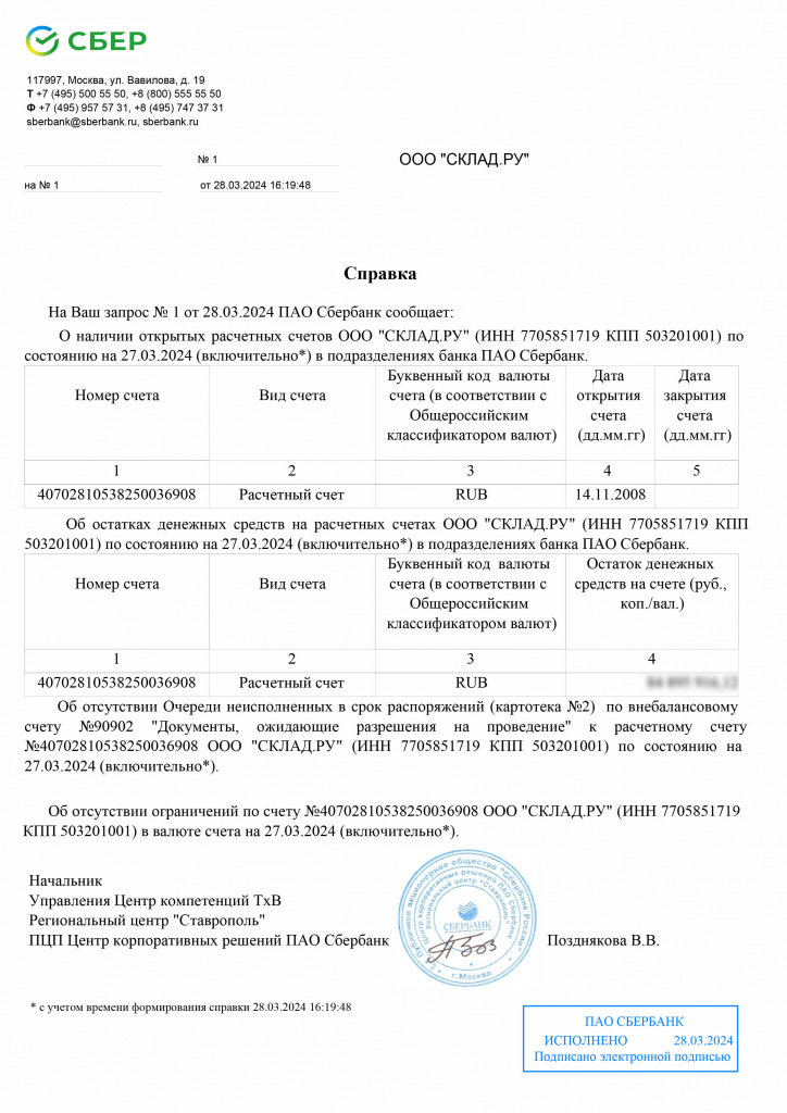 Справка от ПАО Сбербанк об отсутствие задолженностей по счету ООО «Склад.ру» (2024)